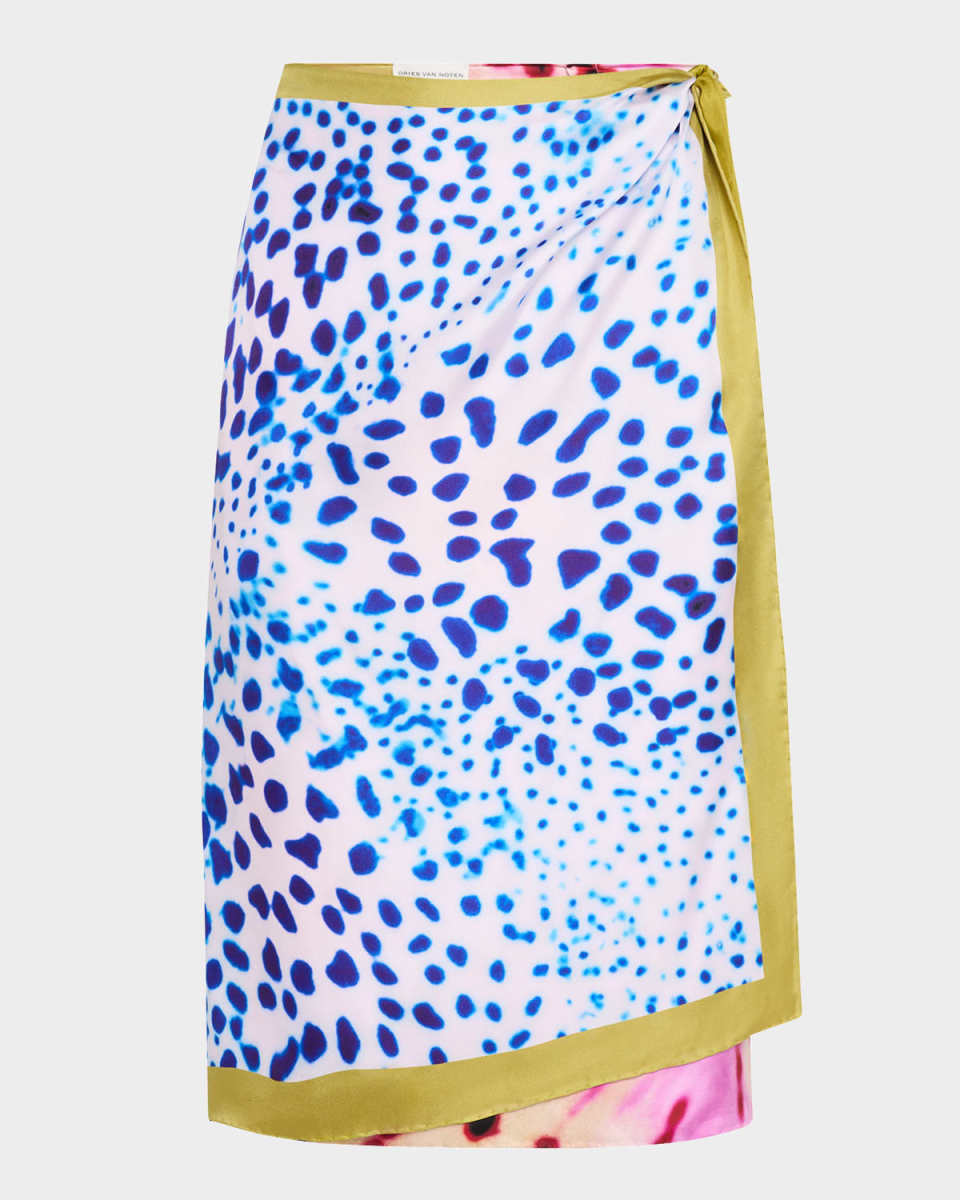 Scarfy Mixed-Print Wrap Silk Skirt